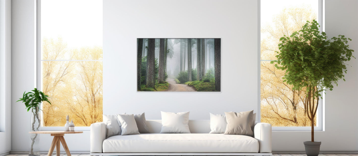 Lost in Pines – Foggy Forest Trail Print