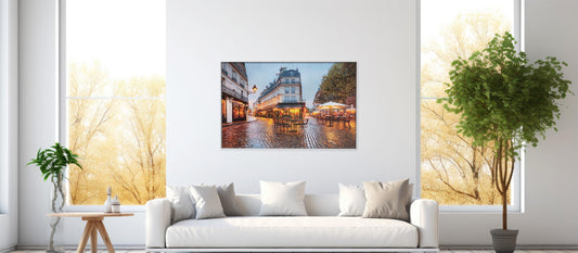 Café Lumière – A Paris Rain Scene: Cozy Street Art - Atmospheric Wall Hanging