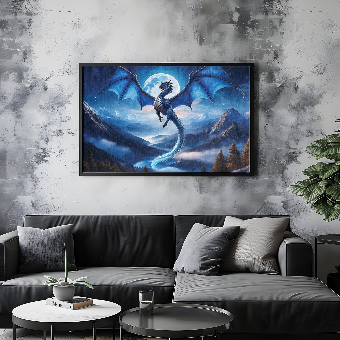 Starlit Soar – Dragon Over the Vale: Moonlit Dragon Art - Fantasy Night Scene