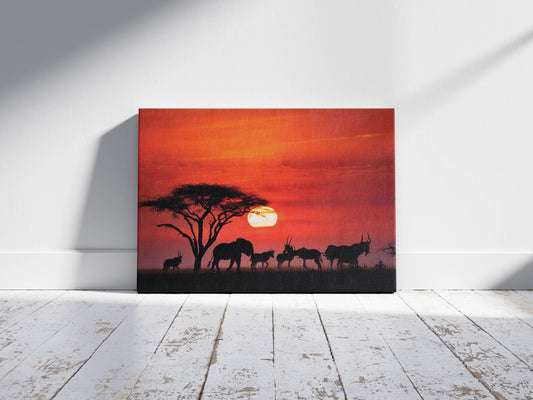 African Savanna Soiree - An African Sunset Masterpiece with Silhouetted Wildlife