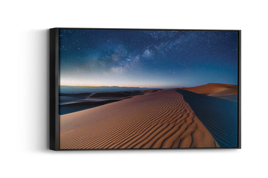 Desert Horizon - A vast desert with sand dunes under a clear night sky filled with stars