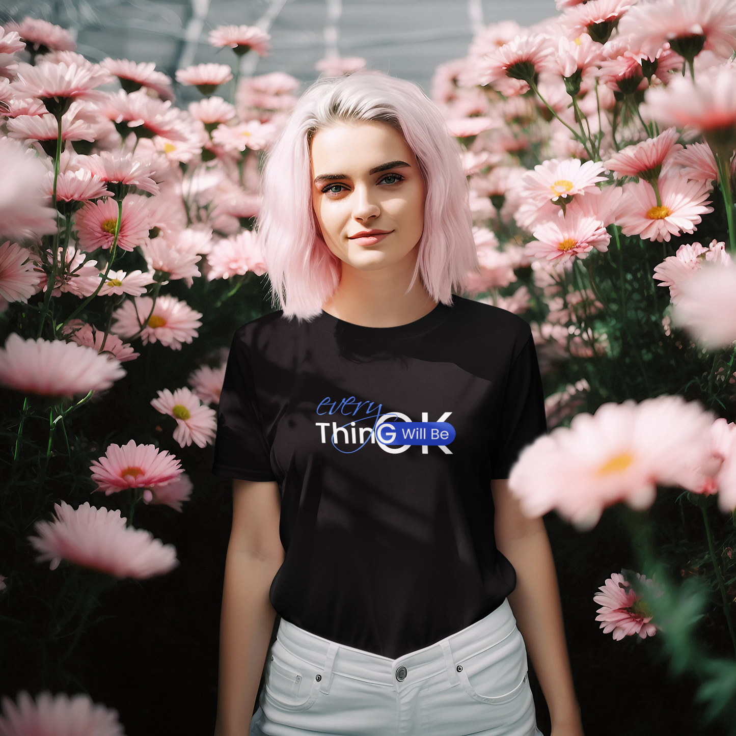 Motivational Shirt - Everything Will Be OK, Blue & White