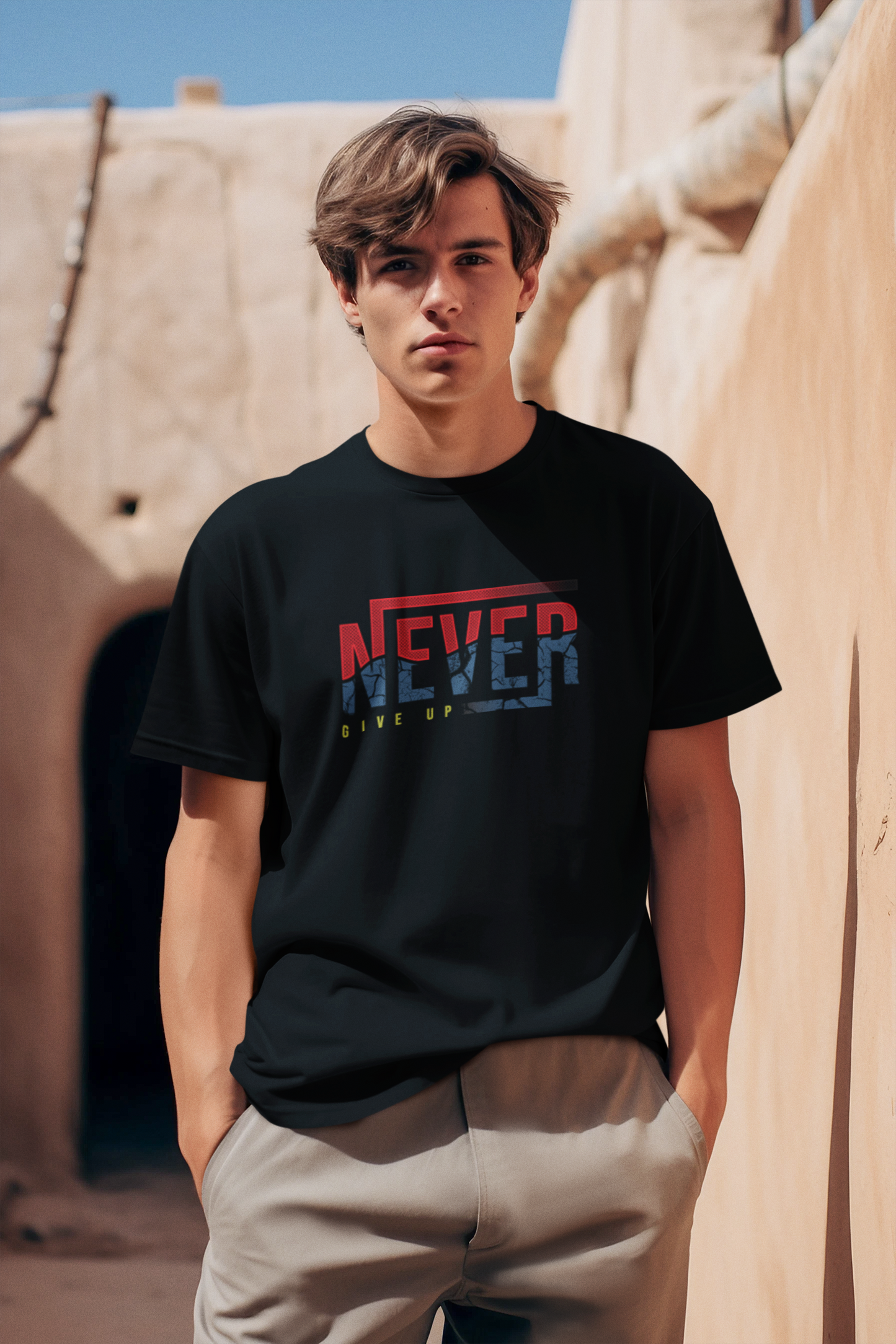 Motivational Shirt - Never Give Up, Red, Blue & Yellow