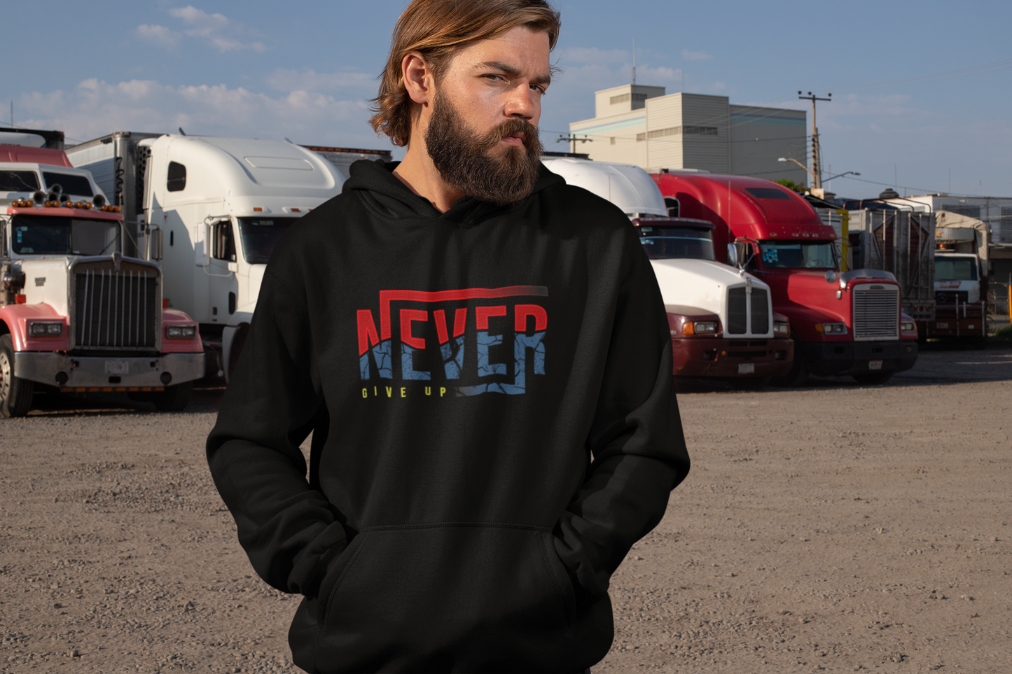 Motivational Shirt - Never Give Up, Red, Blue & Yellow