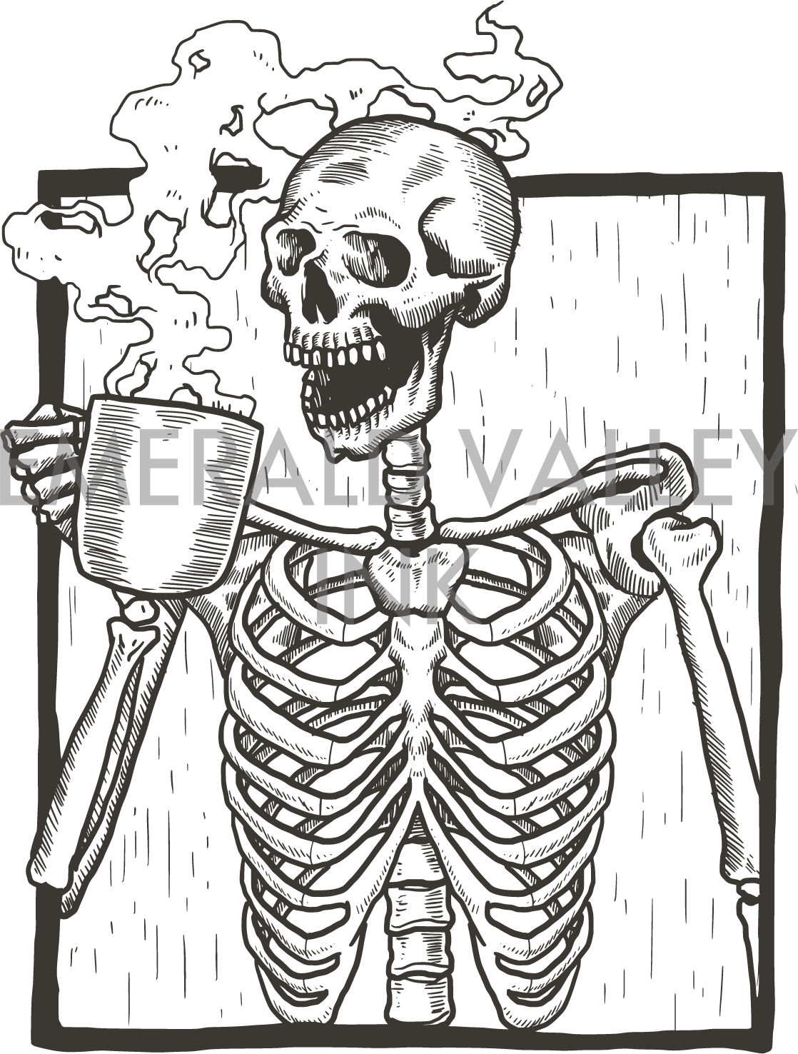 Skeleton Linocut Drink Coffee