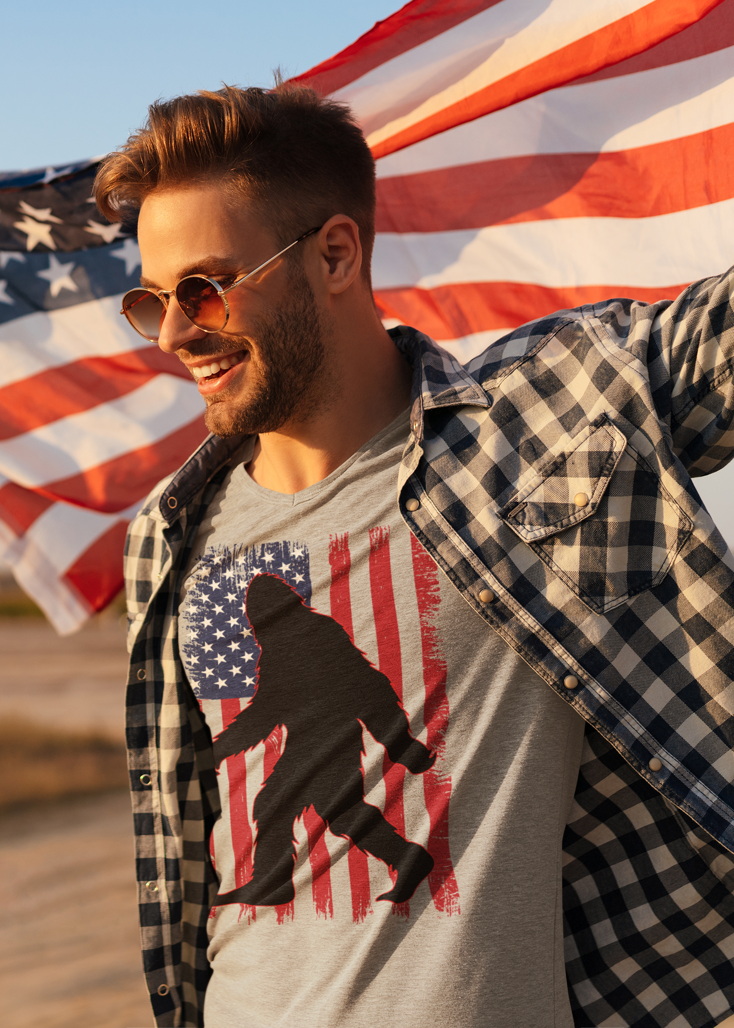 Bigfoot American Flag Distressed Sasquatch Salutes A Rustic Flag
