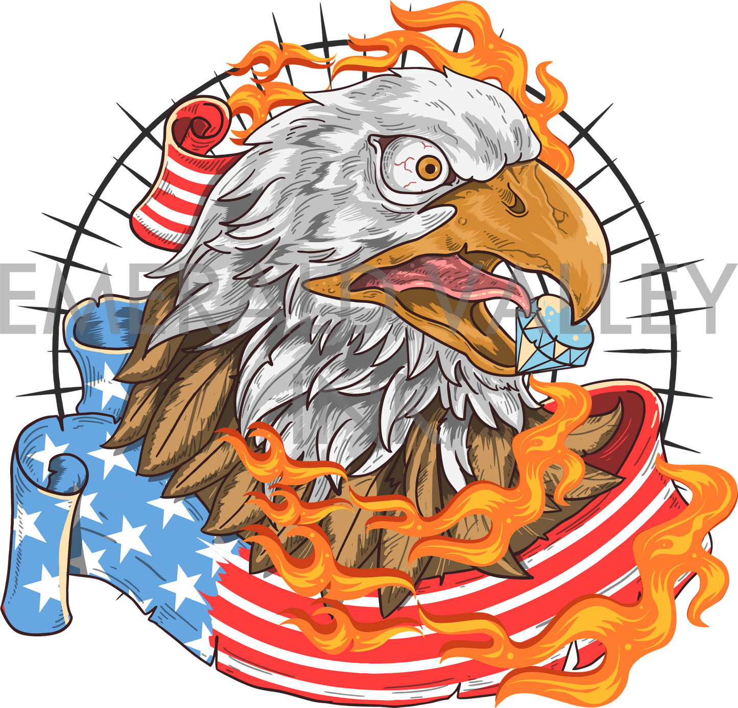 Eagle Head with Fire and Flag