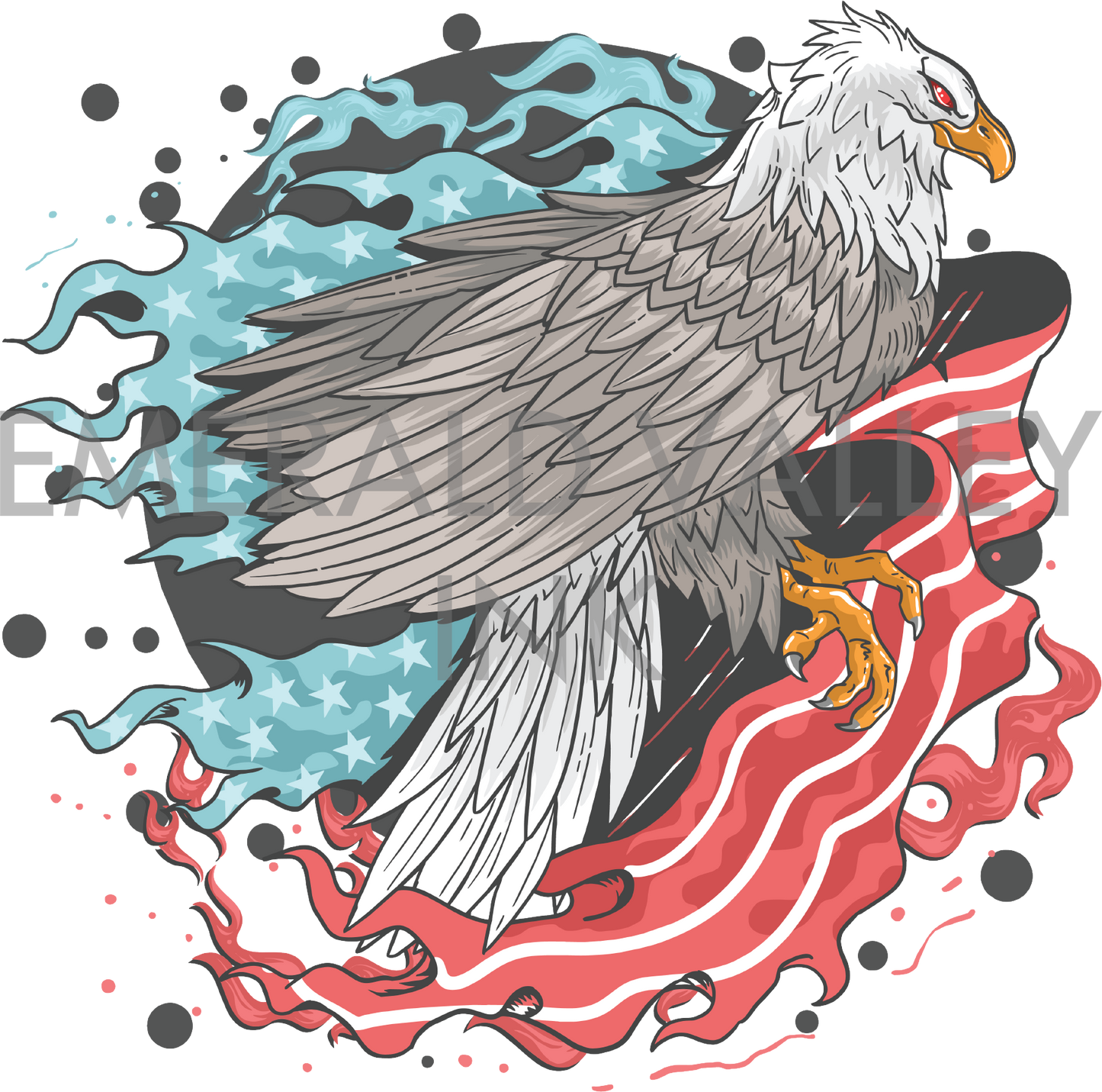 Eagle in Front of Flame American Flag