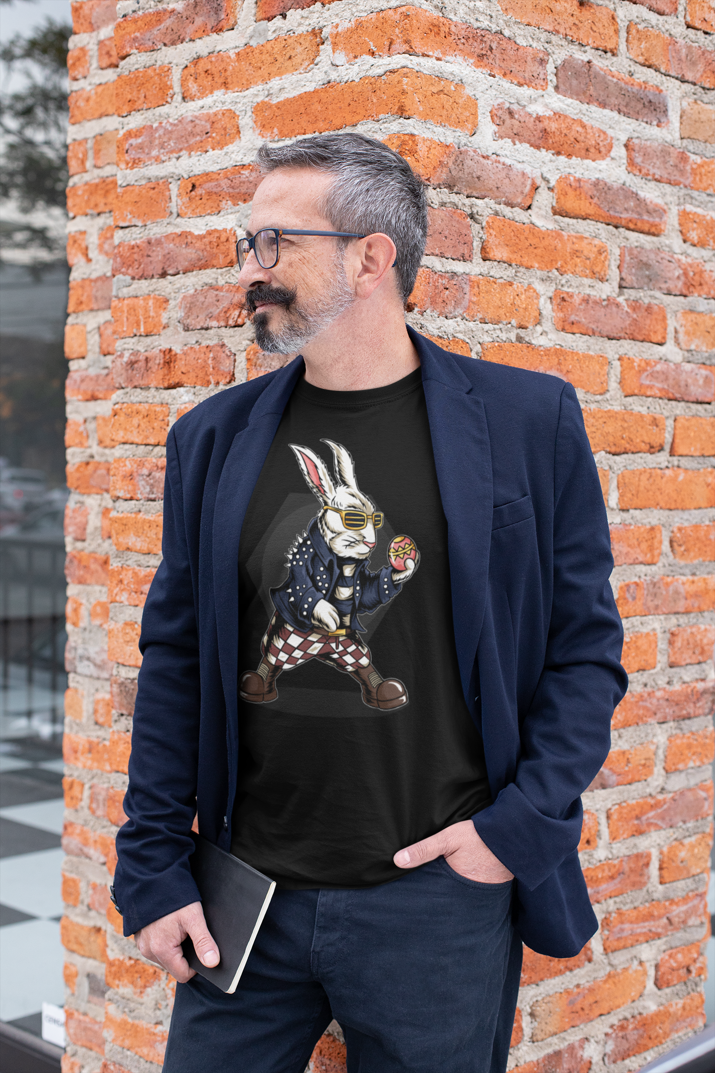 Easter Bunny Holding Eggs and Wearing a Rocker Jacket