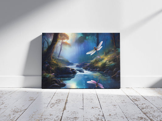 Whispers on Moss – Dragonfly Still: Shimmering Wing Fog Stream Art