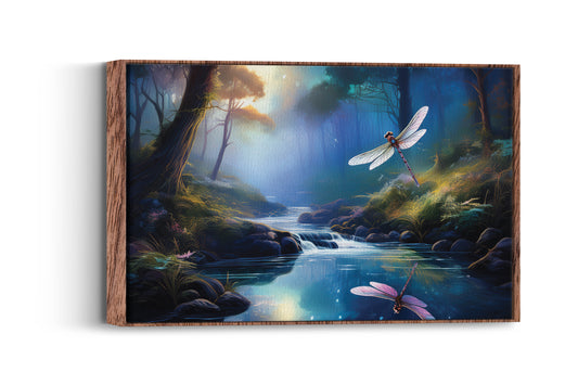 Whispers on Moss – Dragonfly Still: Shimmering Wing Fog Stream Art