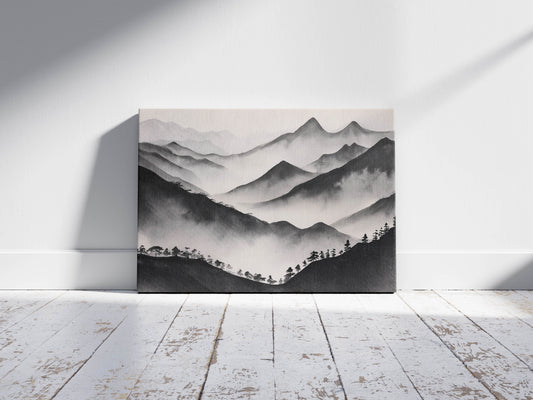 Misty Peaks – Ink Wash Mountain Wall Art