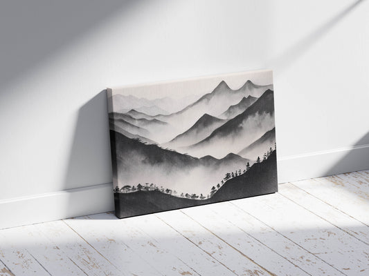 Misty Peaks – Ink Wash Mountain Wall Art