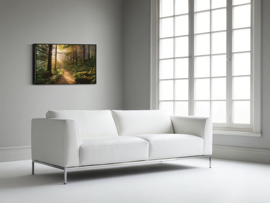 Morning Mist – Sunlit Forest Path Wall Art