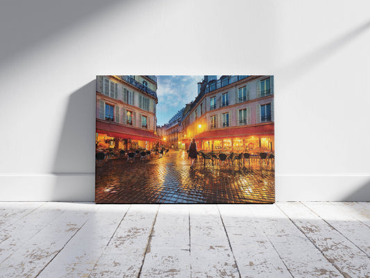 Golden Glow on Cobblestone Nights: French Bistro Decor - European Wall Art
