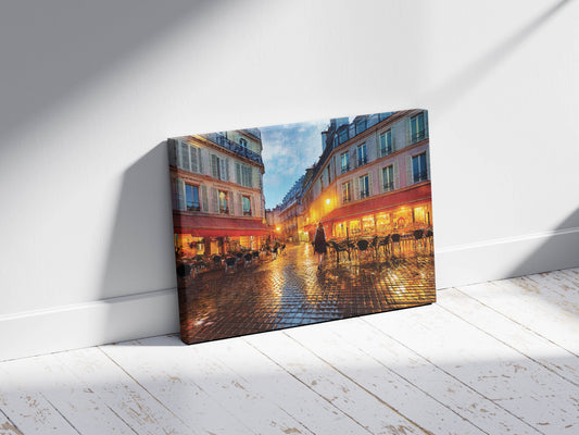 Golden Glow on Cobblestone Nights: French Bistro Decor - European Wall Art