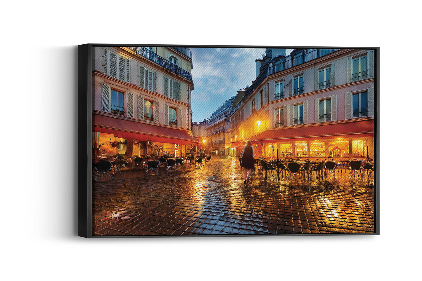 Golden Glow on Cobblestone Nights: French Bistro Decor - European Wall Art