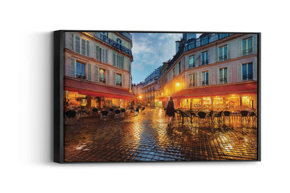 Golden Glow on Cobblestone Nights: French Bistro Decor - European Wall Art