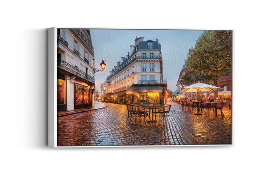 Café Lumière – A Paris Rain Scene: Cozy Street Art - Atmospheric Wall Hanging