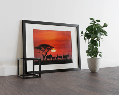African Savanna Soiree - An African Sunset Masterpiece with Silhouetted Wildlife