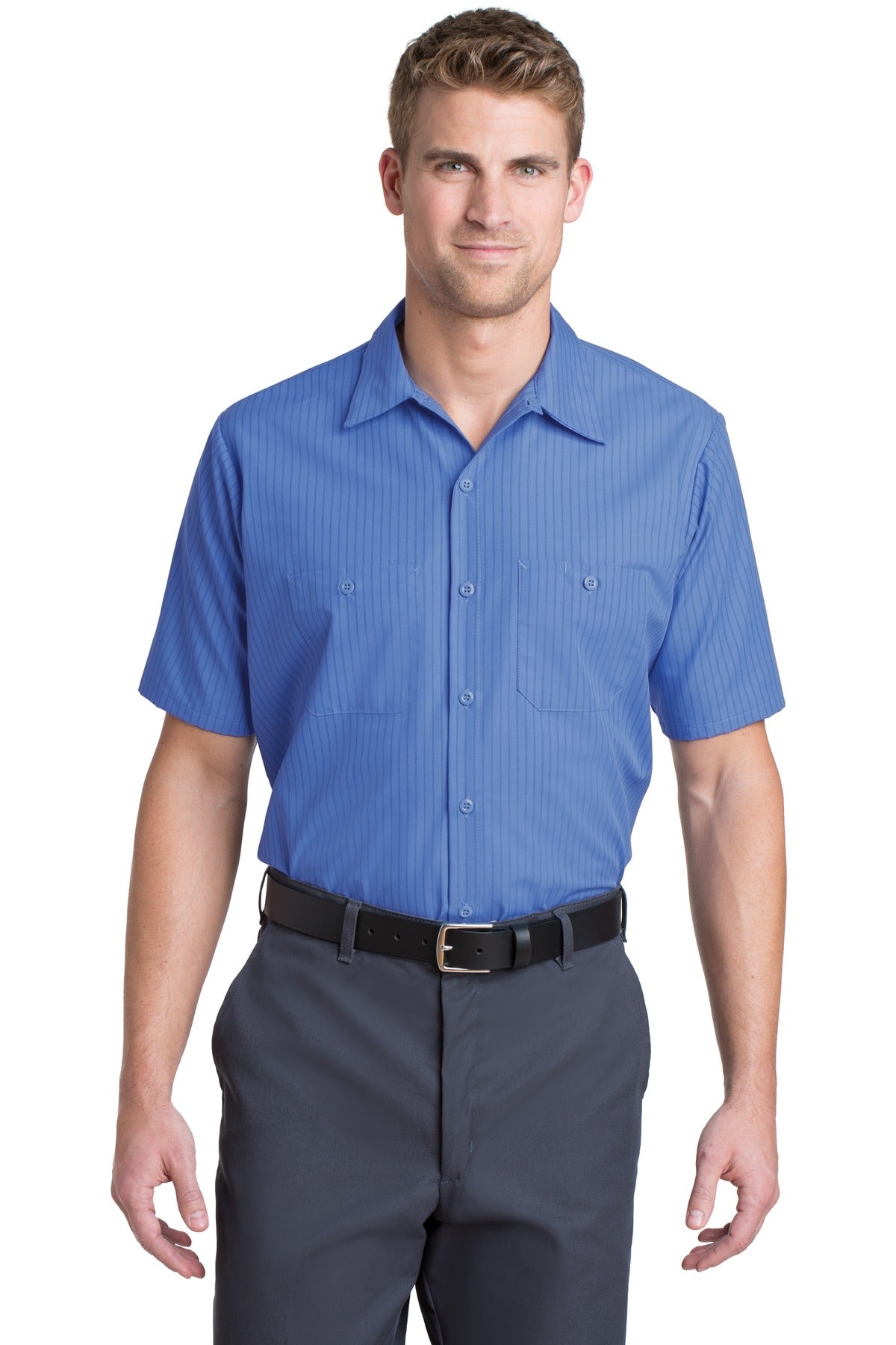 Red Kap Long Size, Short Sleeve Striped Industrial Work Shirt. CS20LONG