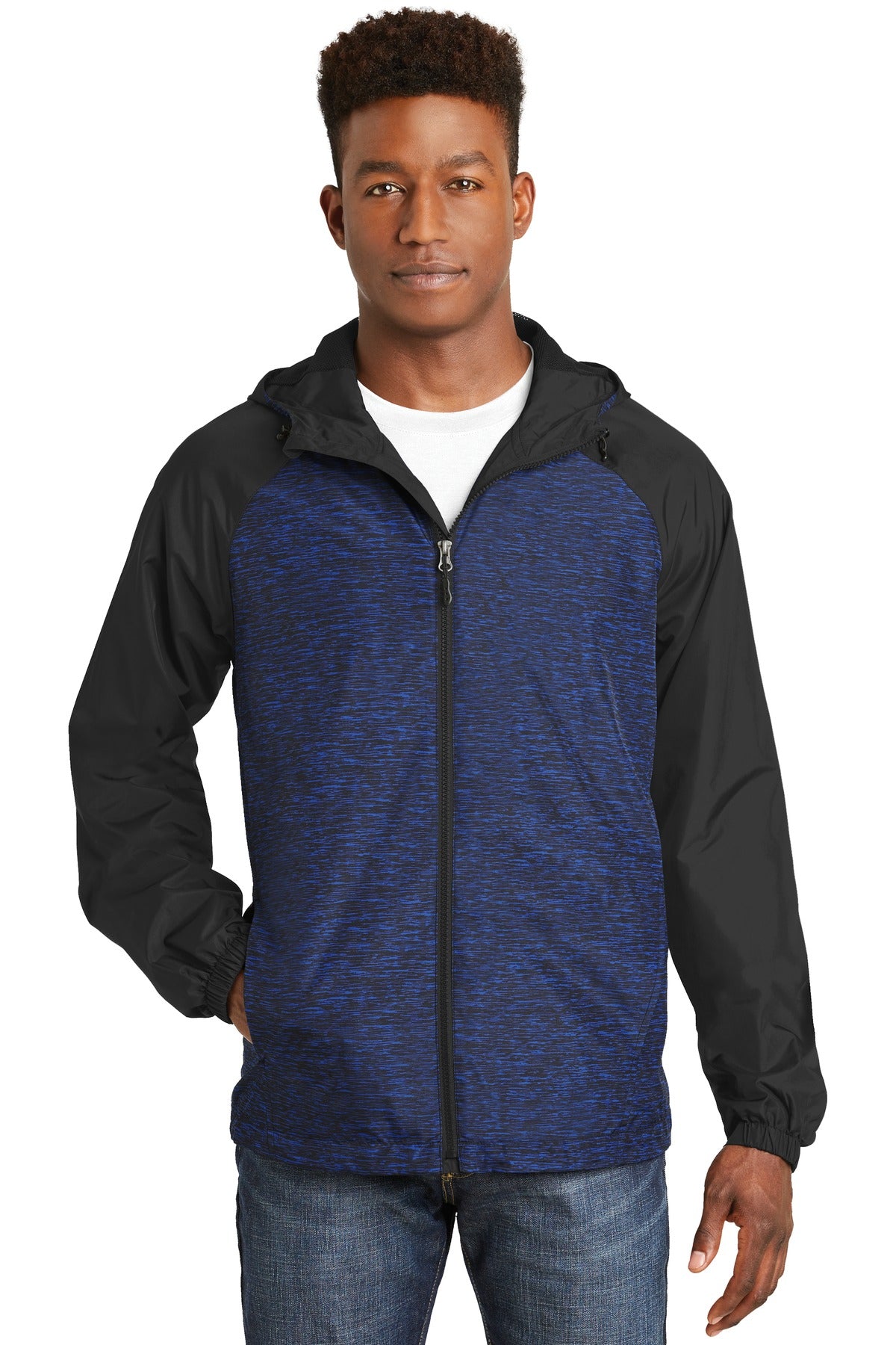 Sport-Tek Heather Colorblock Raglan Hooded Wind Jacket. JST40