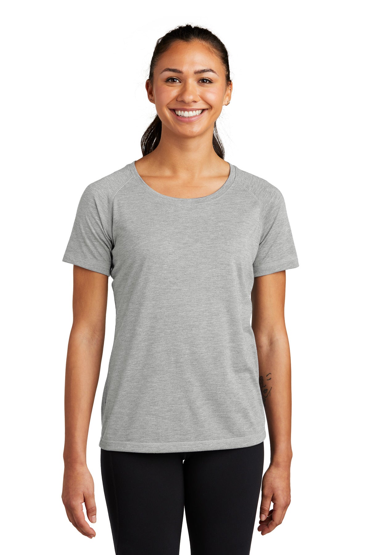 Sport-Tek Ladies PosiCharge Tri-Blend Wicking Scoop Neck Raglan Tee. LST400