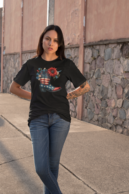 Patriotic Cowgirl Boot with Flowers Bloom & Boot Western Patriotism