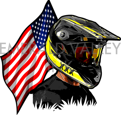 Black and Yellow Motocross Rider and American Flag